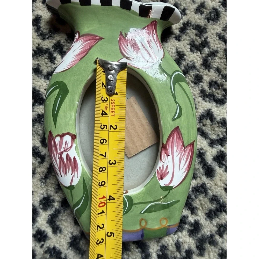 Hand Painted Ceramic Picture Photo Frame Floral Tulip‎ Green Black White Whimsy